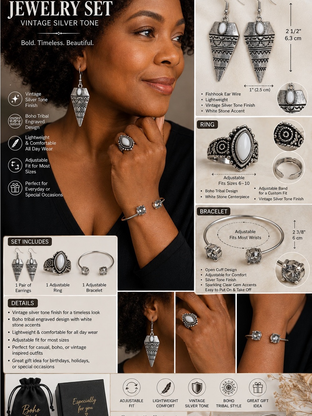 3pcs Vintage Silver-Tone Boho Jewelry Set with White Stone Accent